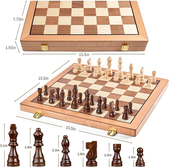 AMEROUS Magnetic Wooden Chess Set, 15 Inches Handmade Wooden Folding Travel Chess Board Game Sets with Chessmen Storage Slots for Kids and Adults, 2 Bonus Extra Queens, Gift Box Packed