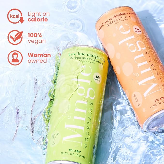 Mingle Mocktails - Blackberry Hibiscus Bellini, Cranberry Cosmo, Key Lime Margarita, Blood Orange Elderflower Mimosa, Cucumber Melon Mojito, Sparkling Raspberry Rose, Variety Pack, Premium Non Alcoholic Cocktails,12 FL OZ Cans (24 Pack Cans)