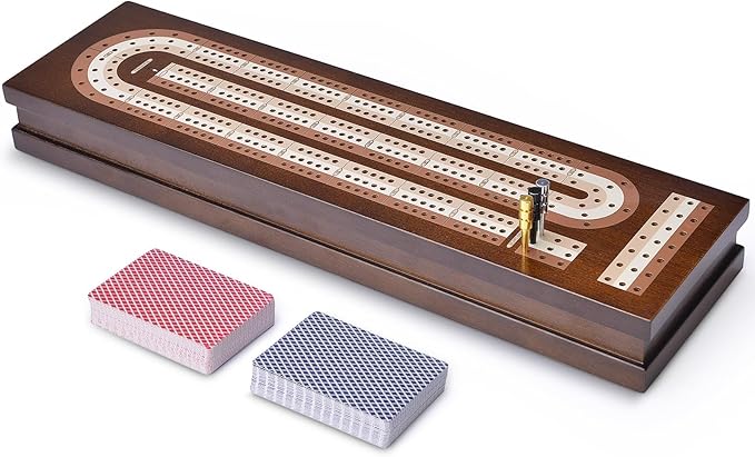 AMEROUS Wooden Cribbage Board Game Set with Magnetic Lock - Metal Pegs - 2 Playing Cards - Continuous 3 Track Board - Larger Storage Area, Travel Portable Cribbage Game Sets for Family