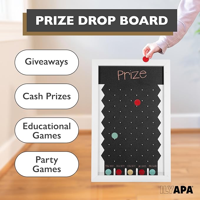 Ilyapa Large Prize Drop Board Game - 18x28 Inch Portable Penny Drop Game for Events and Trade Show - Wooden A-Frame Chalkboard Sign, Eraser
