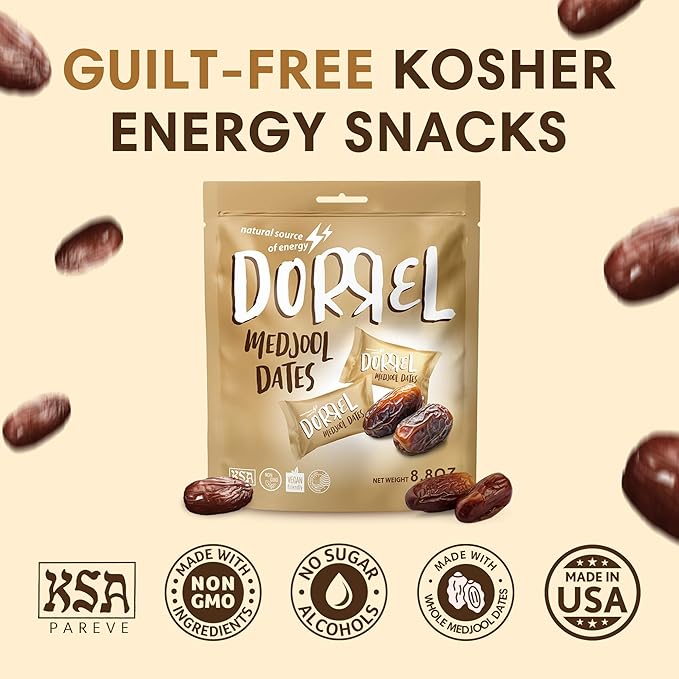 DORREL - Medjool Dates, Individually Wrapped Snacks for High Energy, Nutritious Snack, Delicious, Kosher & Non-GMO Dates Individually Packaged for Convenient Handling, Pack of 1, 8.8 oz / 250 g