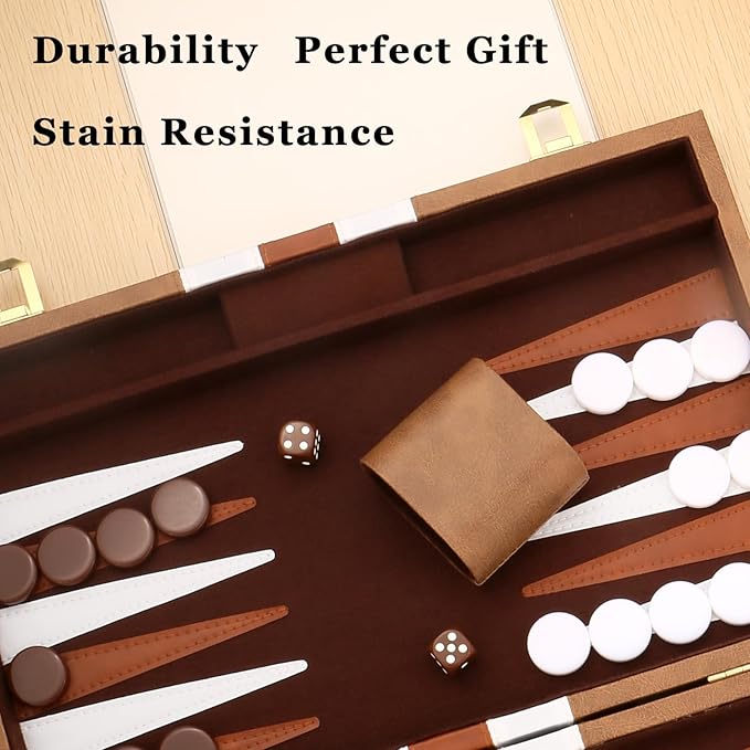 Backgammon Set - Classic Board Game with Premium Leather Case - Portable Travel Strategy Backgammon Game Set for Adults, Kids (15inch, Khaki)