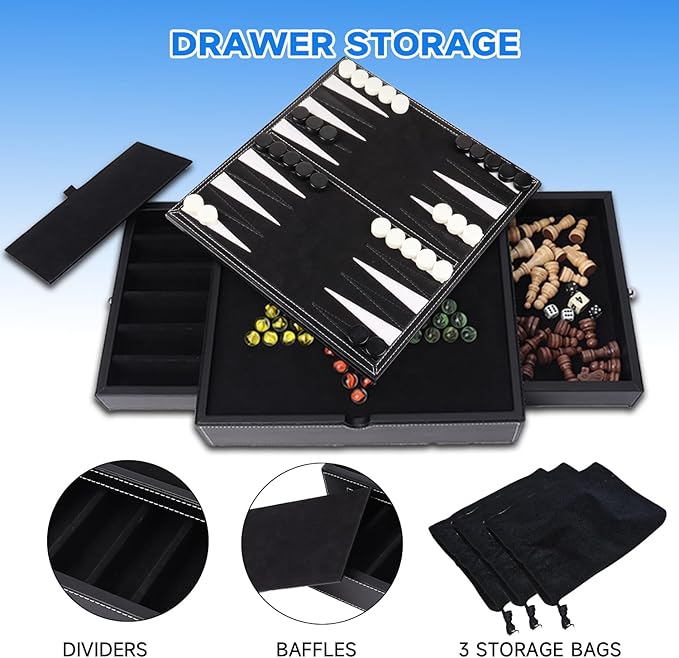 GSE Games & Sports Expert 12.5" Premium Leather 5-in-1 Chess, Checkers, Backgammon, Chinese Checkers, and Poker Dice Board Game Combo Set for Kids & Adults
