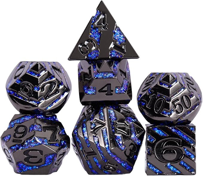 Metallic Glitter Stripes D&D Dice Set,7 PCS Polyhedral Dice with Gift,RPG Metal Dice Set Dungeons and Dragons Tabletop Game (Black Nickel Sapphire Blue)