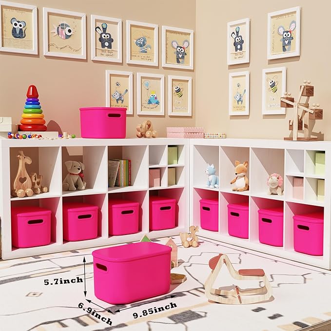 6 Pack Pink Storage Bins with Lids Stackable Storage Container for Organizing, Storage Boxes with Handle for Shelves, Cute Storage Bin for Craft, Snacks, 9.85x6.9x5.7 inch