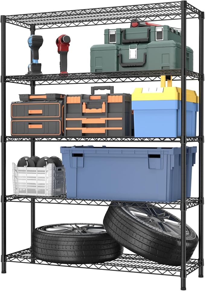 5 Tier Adjustable Storage Shelves Heavy Duty Metal Utility Shelf 1750LBS Capacity Wire Shelving Unit Organizer Rack for Home Kitchen Garage Pantry Room 18" D x 46" W x 77" H Black