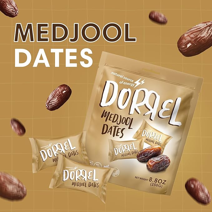 DORREL - Medjool Dates, Individually Wrapped Snacks for High Energy, Nutritious Snack, Delicious, Kosher & Non-GMO Dates Individually Packaged for Convenient Handling, Pack of 1, 8.8 oz / 250 g