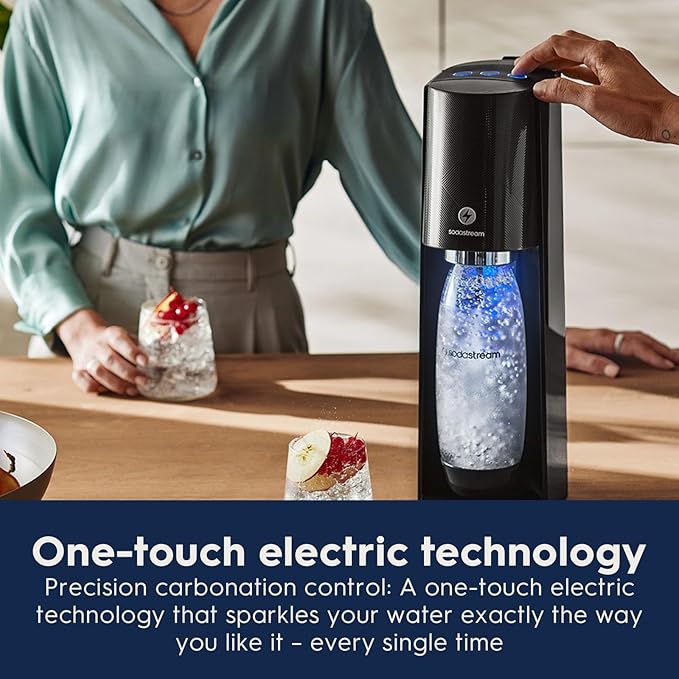SodaStream - E-TERRA Soda Maker | VALUE BUNDLE | 3 Automatic Carbonation Levels | Includes 2x CO2 Cylinders, 3x 32 Fl Oz Dishwasher Safe Bottles, 2x Bubly Fruit Flavor Drops, 1x Power Adapter | Black