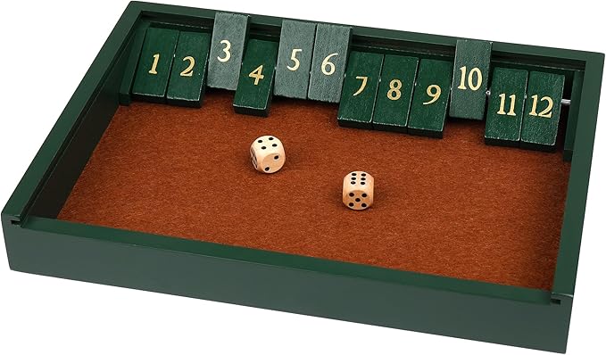 STERLING Games Wooden Shut The Box Game 12 Numbers with Home Decor Design Lid Cover and Felted Rolling Surface, Green