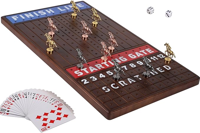 Large 21 inches Horse Racing Board Game Thickened Solid Wood with 11 Luxurious Durable Classic Metal Horses Including Dice and Cards Finish LINE Race Game Board (Large, Walnut)