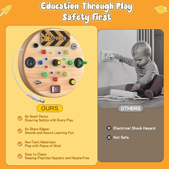 Busy Board, Montessori Toys for 1-3 Year Old - Wooden Sensory Toy with LED Light Switches, Travel Toddler Toys for 1+ Year Old Boys & Girls | Educational Gift for Kids