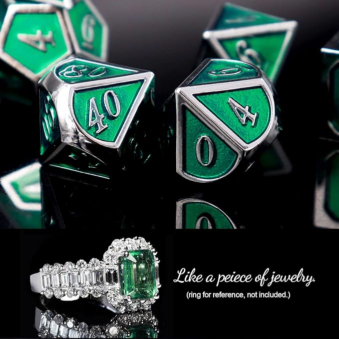 Haxtec 7 Die Metal DND Dice Set Green Elven Goblin D&D Dice Set for Dungeons and Dragons RPG Gaming-Silver Emerald Green Elvish Dice