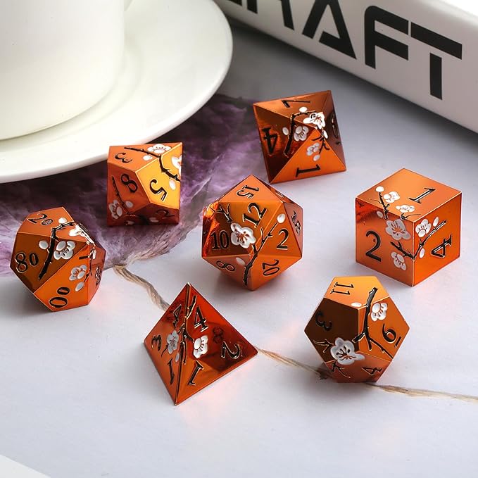 Orange Metal Dice D&D, DNDND 7 PCS Heavy Metallic DND Dice Set with Gorgeous Gift Case for Dungeons and Dragon Tabletop Game (Orange with White Flowers)