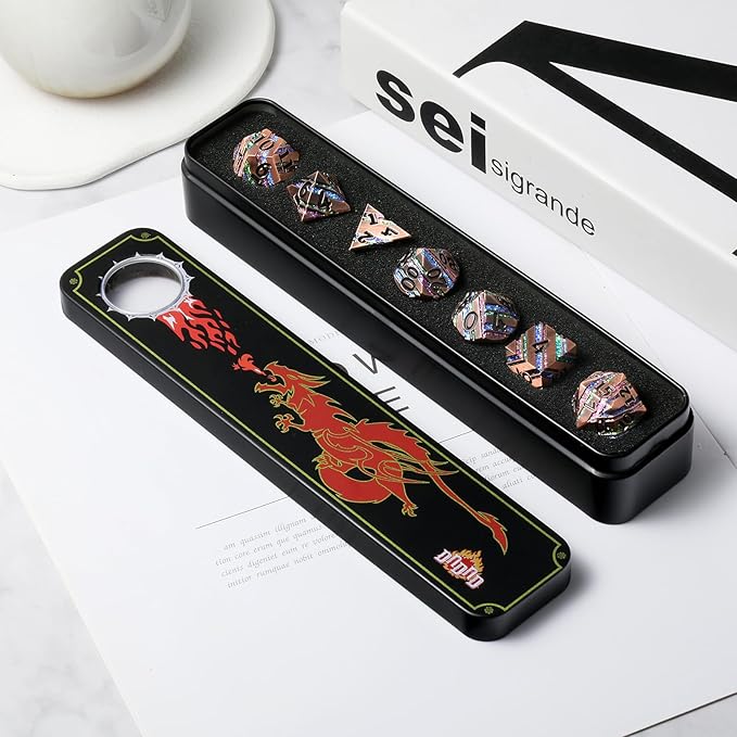 Stripe Metal Dice,DNDND Metallic Glitter Stripes DND Dice with Gift Metal Box for Dungeons and Dragons Tabletop Game (Colorful Stripes)