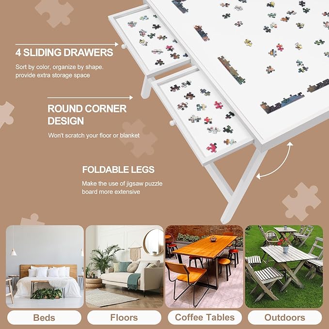 TEAKMAMA 1500 Piece Wooden Jigsaw Puzzle Board with 4 Drawers, Folding Puzzle Table with Protective Cover, Jigsaw Board with Legs, Multifunctional Game Table for Adults, 34W x 26.3D, White