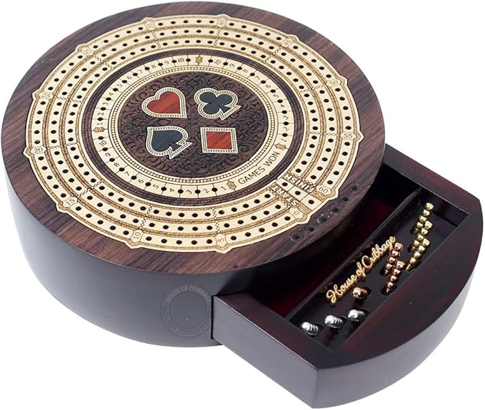 Round Shape 3 Track Non-Continuous Cribbage Board - Push Drawer Storage for Pegs and 1 Deck of Cards with Score Marking Fields for Won Games (Rosewood/Maple Wood)