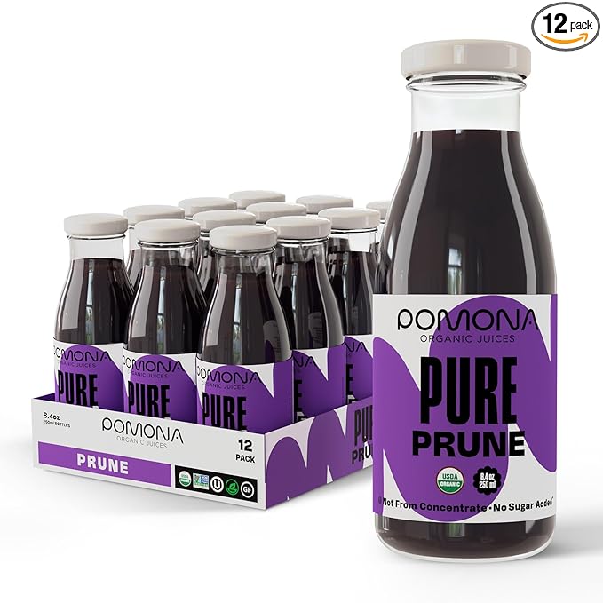 Pomona Organic Juices Pure Prune Juice, 8.4 Ounce Bottle (Pack of 12), Cold Pressed Organic Juice, Non-GMO, No Sugar Added, Not from Concentrate, Gluten Free, Kosher Certified, Preservative Free