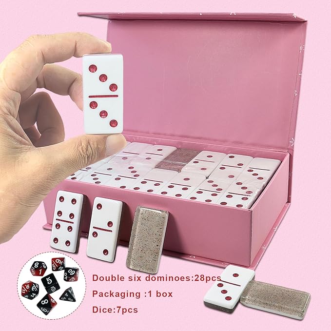 Dominoes Set for Adults, Double 6 Dominos Game Set with 28 Domino Tiles Double with Upscale Gift Boxes -7 Polyhedral Dice -Classic Board Games (Light Brown)