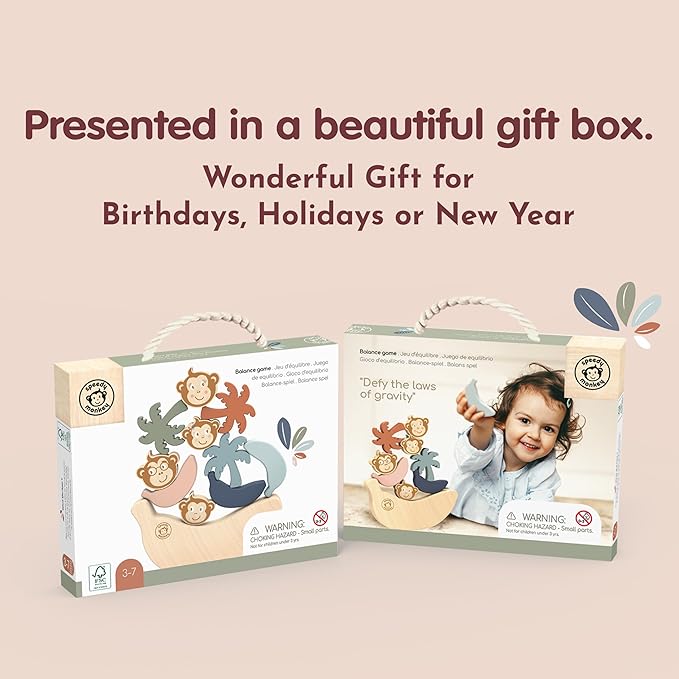 Speedy Monkey See Saw Game, Wooden Stacking Blocks, Balance Beam with Bananas, Palm Trees & Monkeys, Enhances Color Knowledge, Logic & Fine Motor Skills, Non-Toxic Paint For Kids