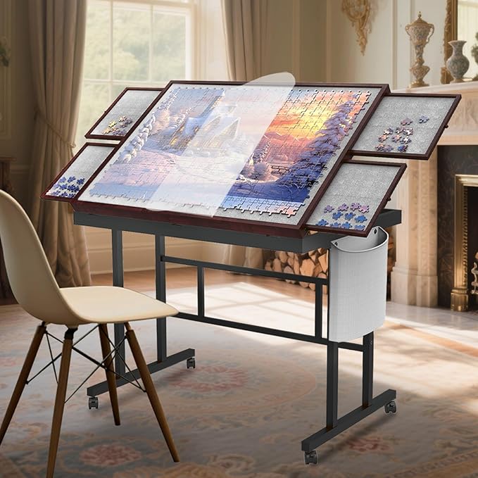 Jigsaw Puzzle Table 1500pcs with Legs and Storage Pocket,5 Adjustable Up Level Puzzle Tables for Adults with Drawers and Wheels,Board Game Table,Coffee Color
