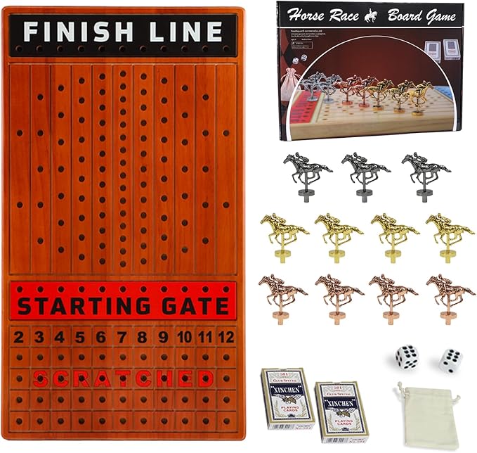 21 inches Horse Race Board Game Racing Game Solid Wood with 11 Luxurious Durable Classic Metal Horses Finish Line Horse Racing Game with 4 Dice and 2 Boxes of Cards (Shallow Walnuts)…