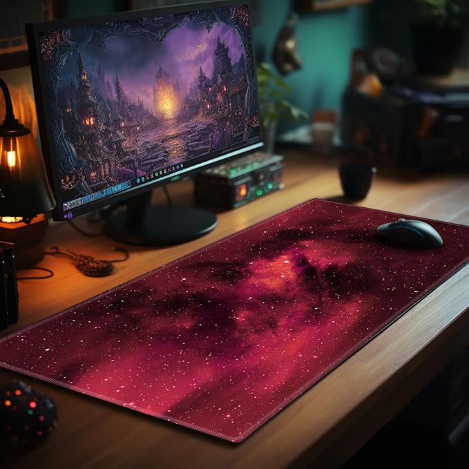 Card Playmat 24" x 14" Game Mat for MTG/TCG Cards, Trading Card Game Stitched Play Mats Original Duel Mat Gaming Competition Pad Board Games Card Binder, Galaxy Red Mana