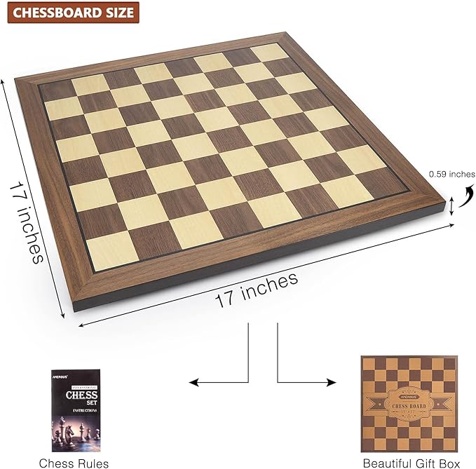 AMEROUS 17 Inches Wooden Chess Board Only, Professional Tournament Chess Board Large with Gift Package - Chess Rules, Beginner Chess Board Game for Kids, Adults