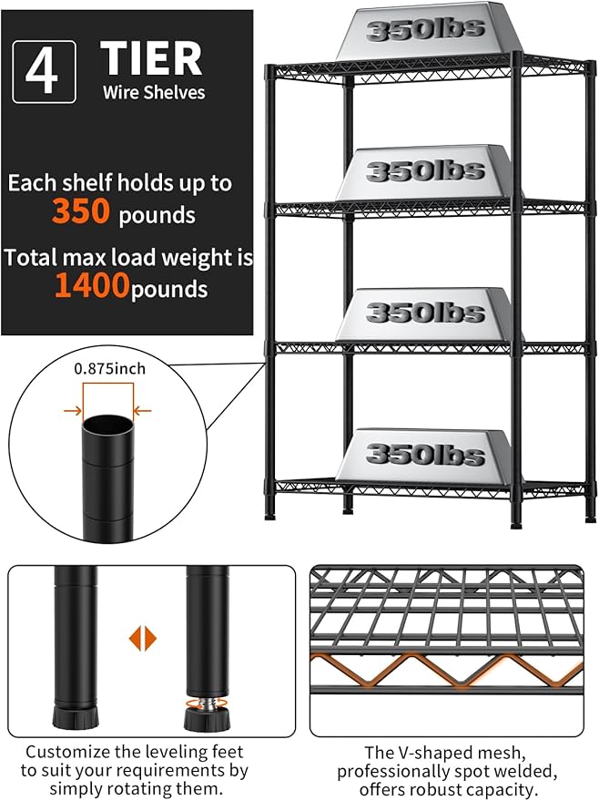 4 Tier Heavy Duty Shelves Adjustable Storage Shelf Organizer Metal Garage Wire Shelving Unit Pantry 18" D x 36" W x 59" H,Black