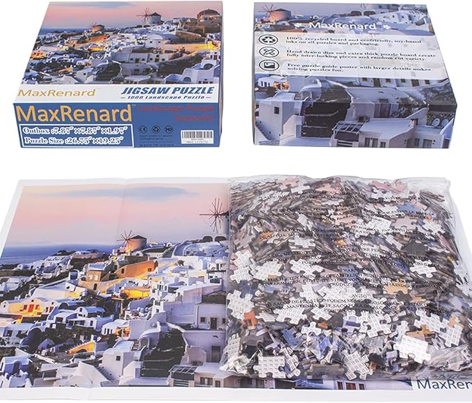 MaxRenard Game Jigsaw Puzzle 1000 Pieces for Adult Landscape Santorini Pieces Fit Together Perfectly Challenge Family Toy
