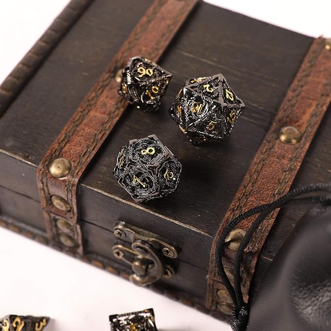 AncientDeer DND Dice Set 7 Pieces D&D Pure Copper Hollow Polyhedral DND Dice W/Gift Box & Dice Bag for DND RPG Explorers Savage World and Table DND Dungeons and Dragons Role Playing