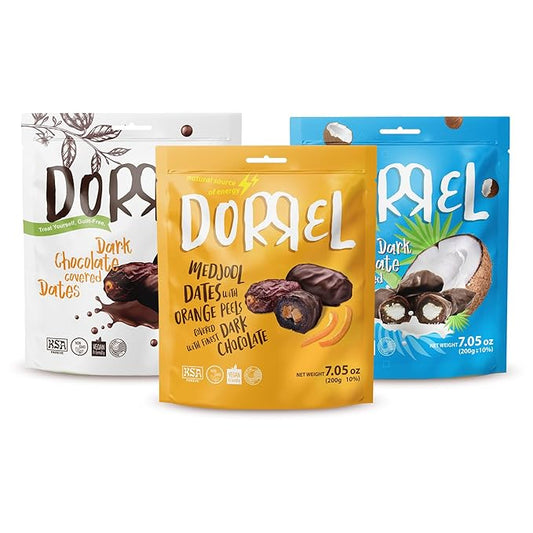 DORREL - Trio Bundle Pack: Belgian Dark Chocolate Covered Dates (Medjool) + Chocolate Dates with Candied Orange Peels & Coconut Stuffing, High Energy Choco Snack Kosher & Non-GMO Pack of 3, 7.05 oz Ea