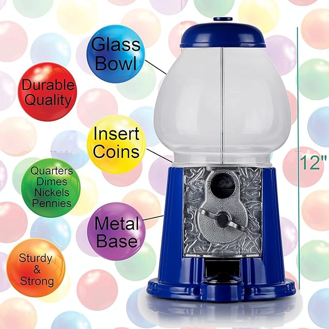 Gumball Machine for Kids 12" - Heavy Duty Metal with Glass - Christmas Antique Style Bubble Gum Machine - Kids Coin Operated Toy Bank for USA Coins - Candy Dispenser - Playo (Pink)