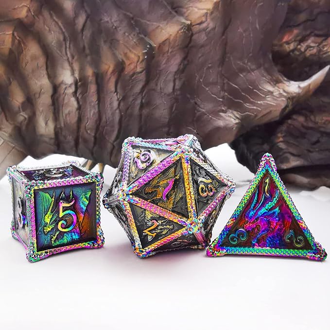 HAOMEJA DND Dice Metal Dragon Set Dice 7 Role Playing Dice D&D Solid Dice Dungeons and Dragons (Colorful Black)