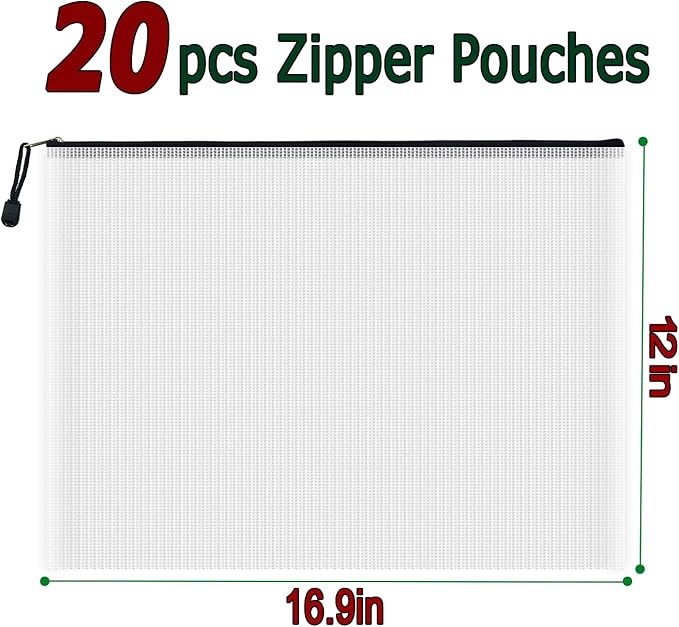 AUSTARK 20 Pcs Zipper File Bags, Plastic Mesh Pouch, Board Game Storage Bag, Waterproof Bags for Office School (A3 Size 16.9''x12'', White and Black)