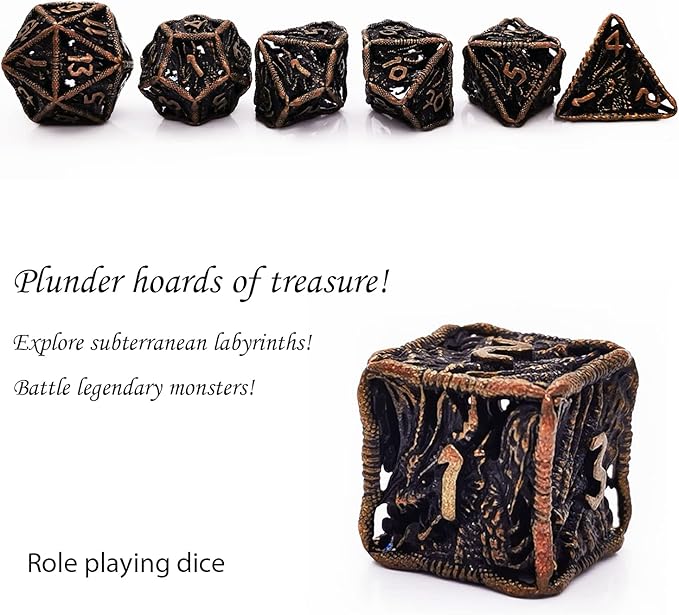 HAOMEJA Dice Hollow DND Dragon Metal Dice Set 7 Role Playing Dice D&D Dungeons and Dragons Dice (Antique Red Copper)