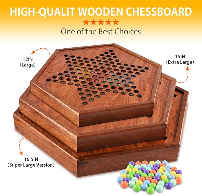 Large 15" Chinese Checkers Board Game for 2-6 Player Wooden Game Board, 16mm 60+12 Colorful Acrylic Marbles, Easy Grasping for Adults and Kids, with Storage Drawer, Fun for Family Gathering