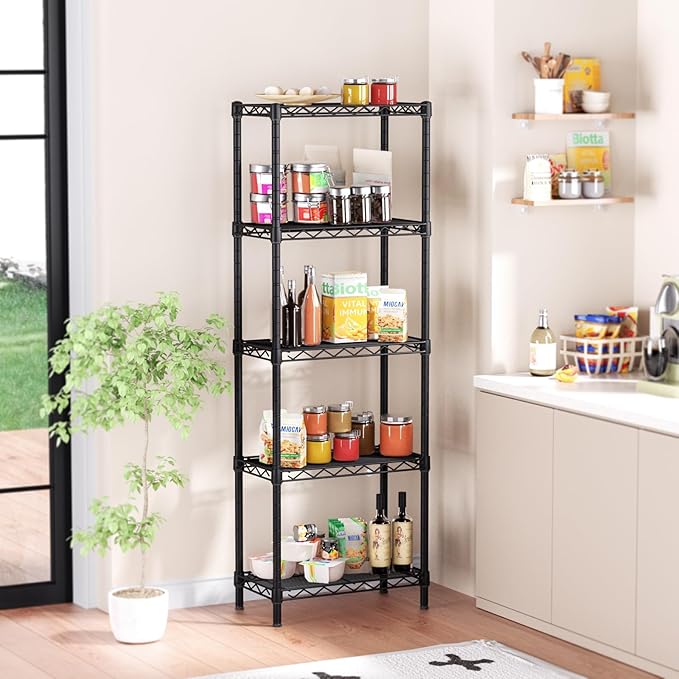 Small 5 tire Shelves Storage Wire Shelving Unit Metal Shelf Adjustable Organizers Storage Shelving for Bathroom Laundry Room Kitchen Pantry10”D x 16”W x 55”H Black