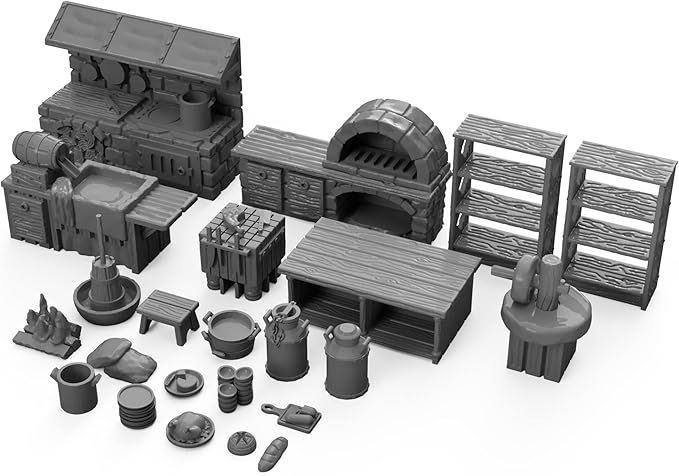 Inn and Tavern Kitchen Furniture Set DND Terrain 28mm for Dungeons and Dragons, D&D, Pathfinder, Warhammer 40k, RPG, Miniatures, Age of Sigmar, Tabletop, D and D, Dungeons and Dragons Gifts