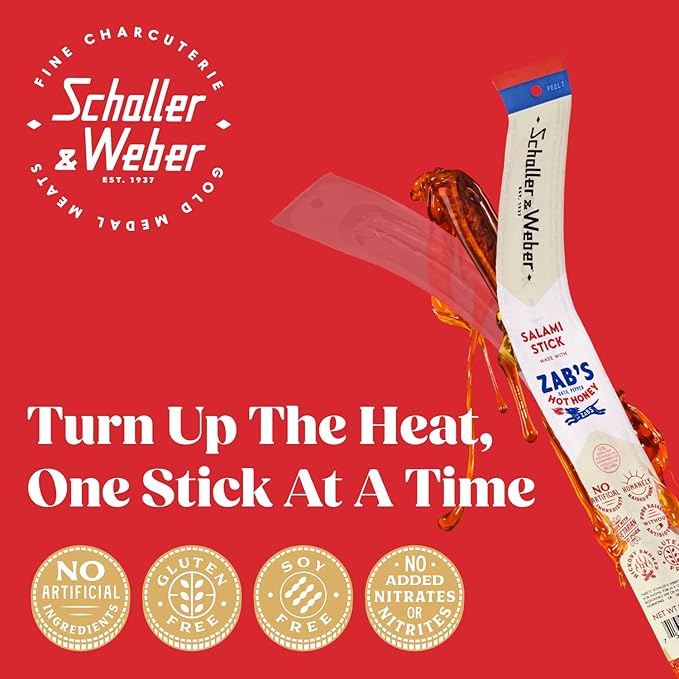 Schaller & Weber Salami Sticks with Zab’s Hot Honey, 0.85 Oz (Pack of 6) | Zab’s Hot Honey Smoked Salami | German Style Smoked Sausage Sticks with Spicy Honey | Gluten Free Protein Snack