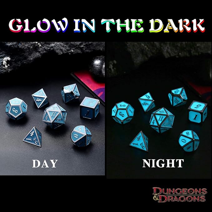 DnDnD Glowing DND Metal Dice Set,Luminous Blue Metal Dice for Role Playing Game Dungeons and Dragons RPGs and Other Table Games
