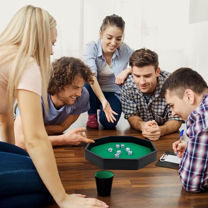 Dice Rolling Tray, Green Felt Lined PU Leather Octagon Dice Tray for Dungeon Crawler Games