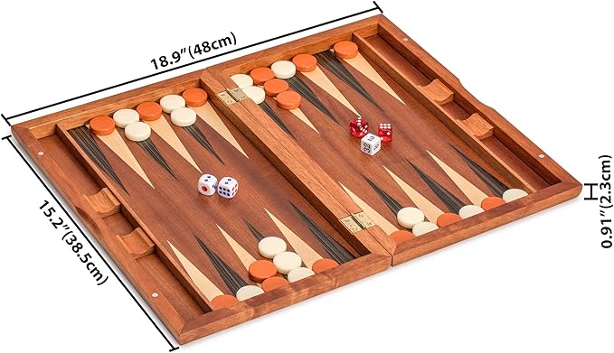 Yellow Mountain Imports Wooden Inlaid Backgammon Game Set, Pasadena - Classic Strategy Board Game Set with Acrylic Playing Pieces & Wooden Dice Cups, 15-inch Board