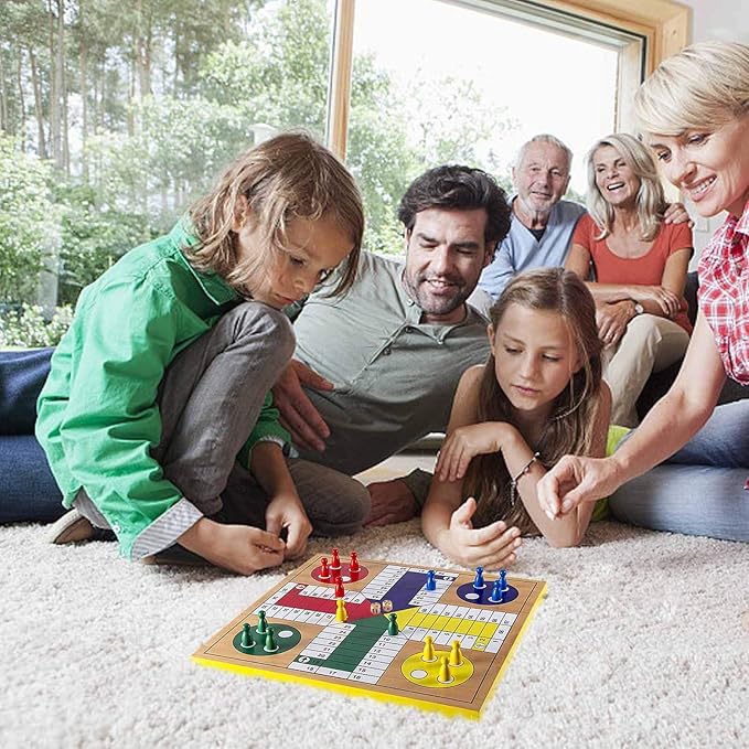 AMEROUS 12 inches Wooden Ludo Board Game - Snakes and Ladders, 2 in 1 Reversible, 1-4 Players Family Dice Games Set for Kids, Adults, Classics Tabletop Version (Gift Box Packed)