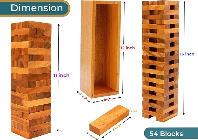 BSIRI Wood Tumbling Tower - Ideal for Party, Kids Games, Building, Camping, Outdoor Games for Adults and Family, Classic Stacking Block for Challenging Your Skills.