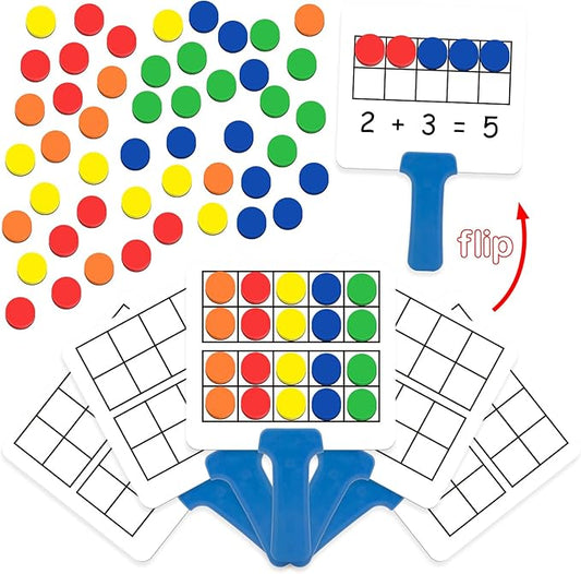 Magnetic Ten-Frame Set,Math Manipulative Games for Kids Toddlers,5 Dry Erase Paddles & 150 Math Counters,Addition & Subtraction Game,Counting Toys,Kindergarten Preschool Classroom Must Haves