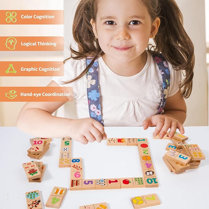 VORA Wooden Matching Game, 40Pcs Puzzle Games for Kids, Dominos for Kids, Quantity Relationship Matching Game, Double-Sided Matching Puzzles with Storage Bag, Montessori Toys for 3+ Year Old