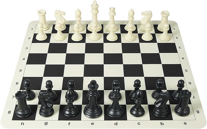 Tournament Chess Set with 20" Silicone Chess Board Mat - 4" King Plastic Weighted Staunton Pieces 2 Extra Queens - Portable EVA Carrying Case for Travel