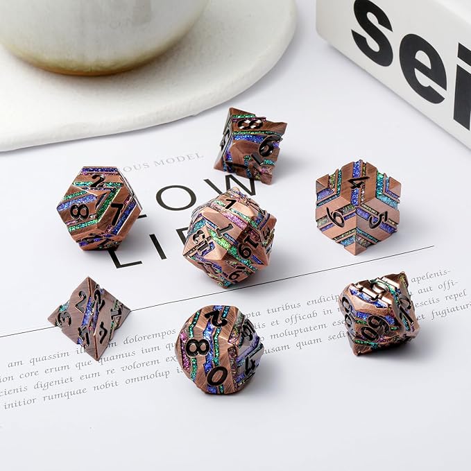 Stripe Metal Dice,DNDND Metallic Glitter Stripes DND Dice with Gift Metal Box for Dungeons and Dragons Tabletop Game (Colorful Stripes)