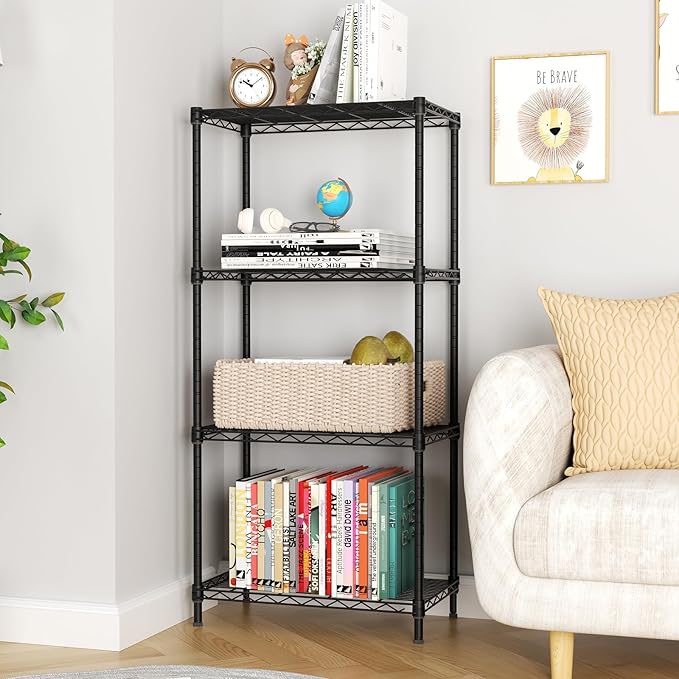 4 Tier Adjustable Storage Shelves,Heavy Duty Metal Utility Shelf 600LBS Capacity,Wire Shelving Unit Organizer Rack for Home Kitchen Office BathroomM Pantry Room 12" D x 22" W x 43.5" H Black