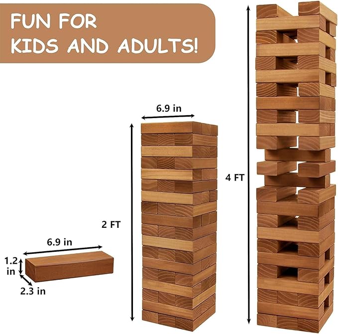 Juegoal 54 Piece Giant Tumble Tower Brown for Adult Kids Family, Wooden Block Stacking Game with Gameboard & Canvas Bag, Outdoor Games for Backyard Lawn Party Playing, 6.9 x 6.9 x 24 Inches,X-Large